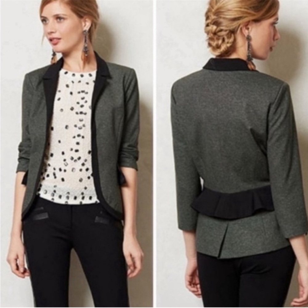 Anthropologie Cartonnier Hadley Gray & Black Tuxedo Peplum Blazer Jacket Size 6